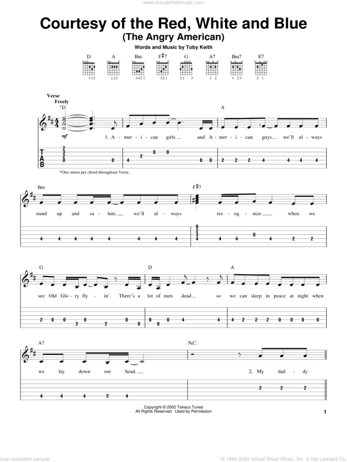 Courtesy Of The Red, White And Blue (The Angry American) sheet music for guitar solo (easy tablature) by Toby Keith, easy guitar (easy tablature)