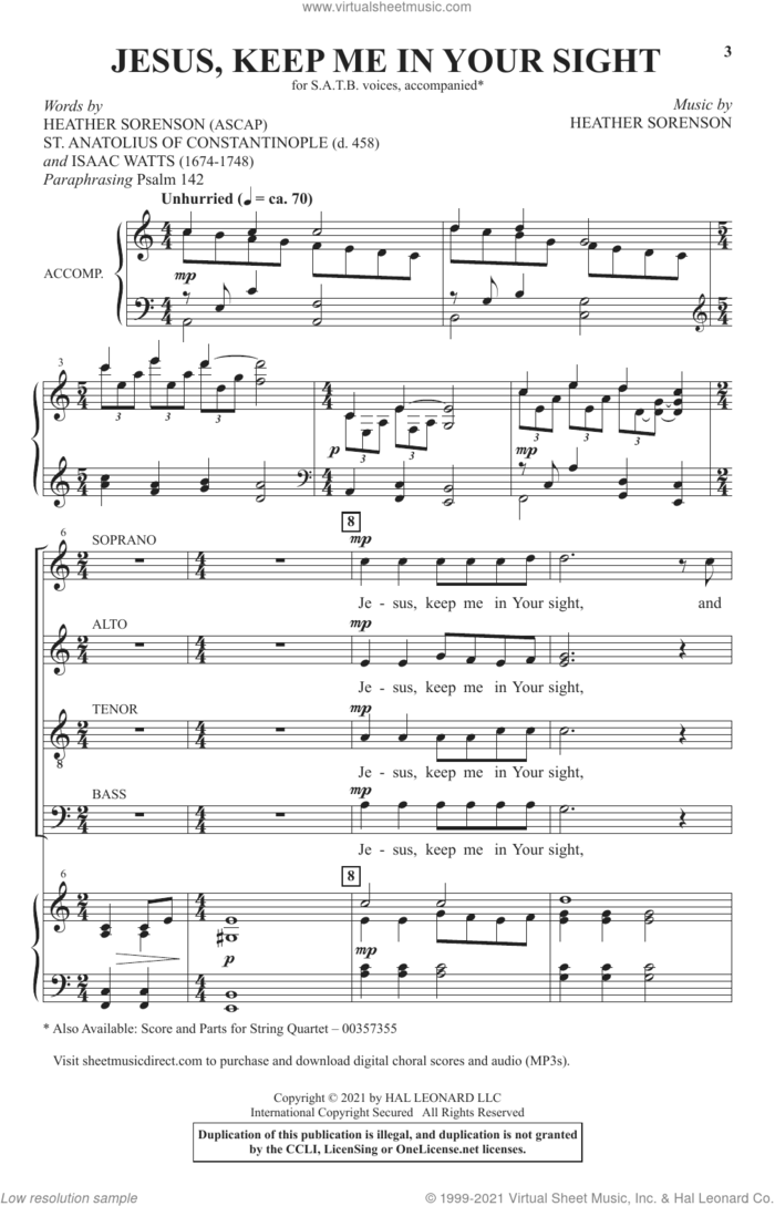 Jesus, Keep Me In Your Sight sheet music for choir (SATB: soprano, alto, tenor, bass) by Heather Sorenson, St. Anatolius of Constantinople and Isaac Watts, intermediate skill level
