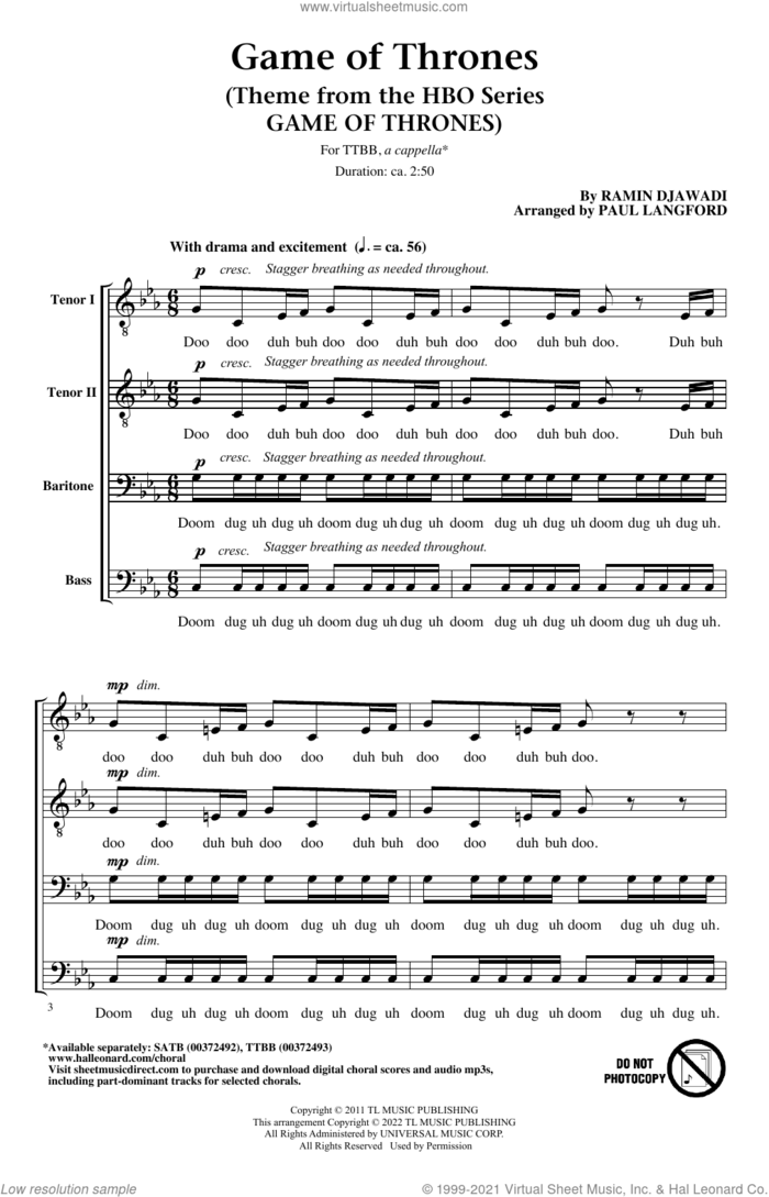 Game Of Thrones (arr. Paul Langford) sheet music for choir (TTBB: tenor, bass) by Ramin Djawadi and Paul Langford, intermediate skill level