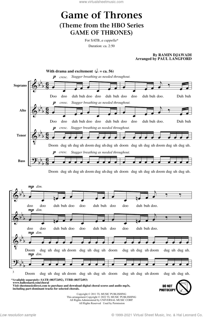 Game Of Thrones (arr. Paul Langford) sheet music for choir (SATB: soprano, alto, tenor, bass) by Ramin Djawadi and Paul Langford, intermediate skill level
