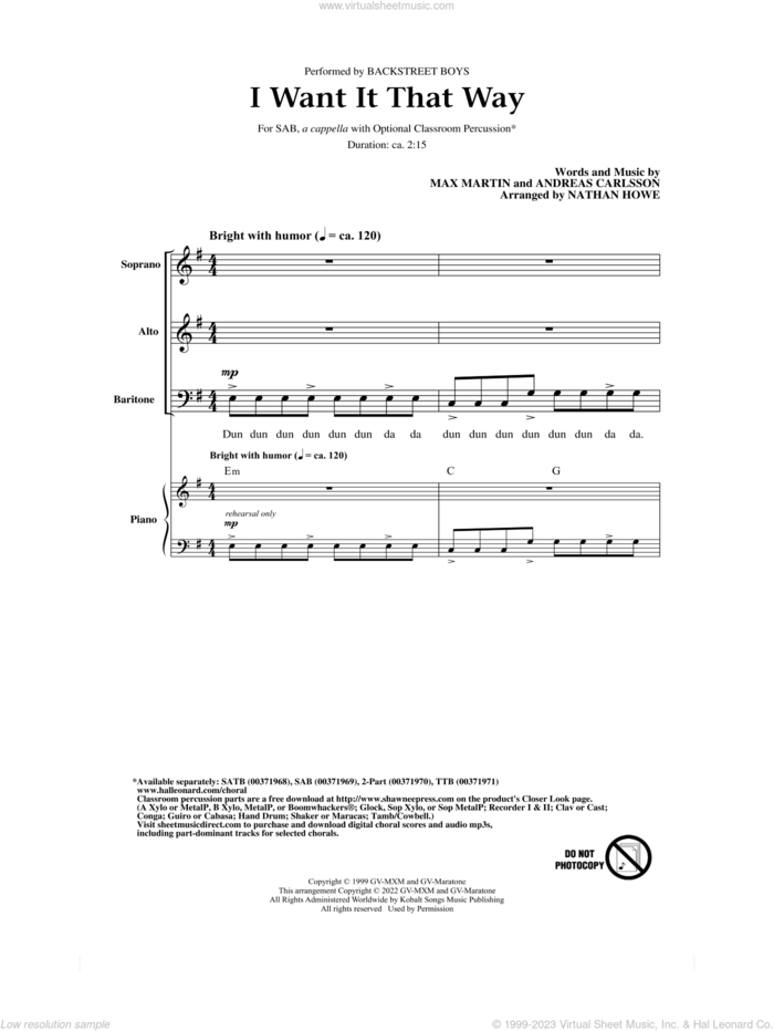 I Want It That Way (arr. Nathan Howe) sheet music for choir (SAB: soprano, alto, bass) by Backstreet Boys, Nathan Howe, Andreas Carlsson and Max Martin, intermediate skill level