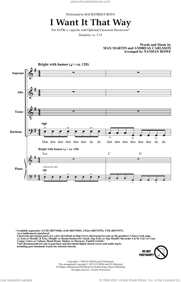 I Want It That Way (arr. Nathan Howe) sheet music for choir (SATB: soprano, alto, tenor, bass) by Backstreet Boys, Nathan Howe, Andreas Carlsson and Max Martin, intermediate skill level