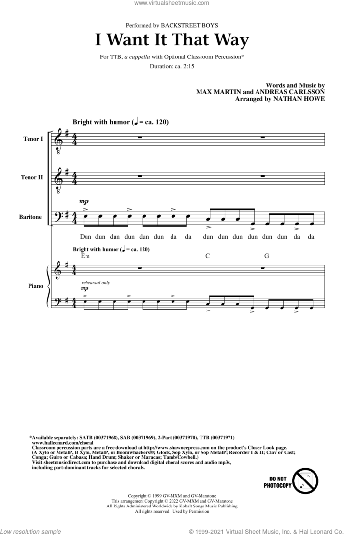 I Want It That Way (arr. Nathan Howe) sheet music for choir (TTBB: tenor, bass) by Backstreet Boys, Nathan Howe, Andreas Carlsson and Max Martin, intermediate skill level