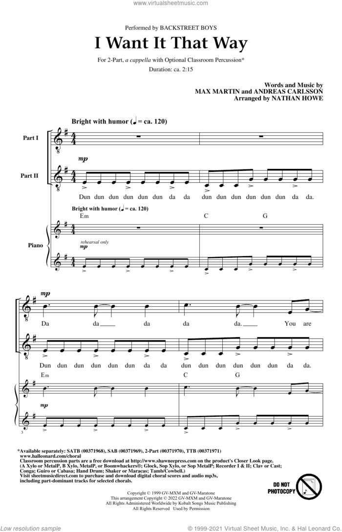 I Want It That Way (arr. Nathan Howe) sheet music for choir (2-Part) by Backstreet Boys, Nathan Howe, Andreas Carlsson and Max Martin, intermediate duet