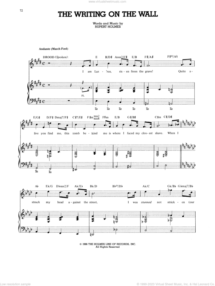 The Writing On The Wall (from The Mystery Of Edwin Drood) sheet music for voice, piano or guitar by Rupert Holmes, intermediate skill level