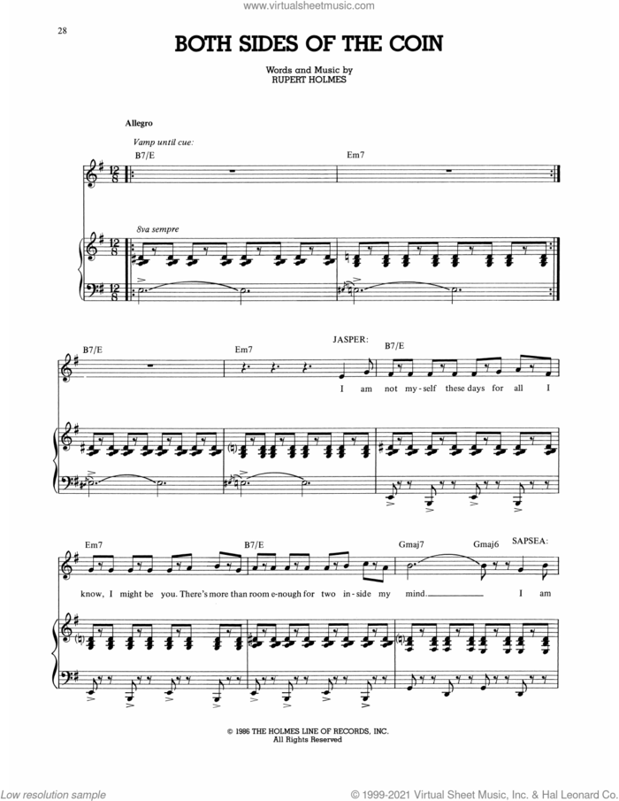 Both Sides Of The Coin (from The Mystery Of Edwin Drood) sheet music for voice, piano or guitar by Rupert Holmes, intermediate skill level
