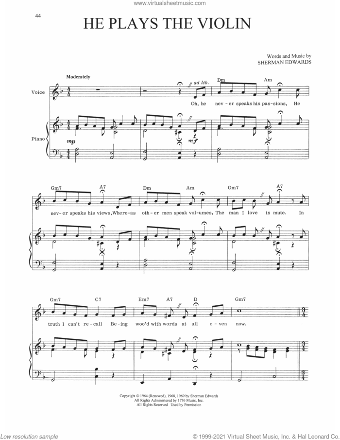 He Plays The Violin (from 1776) sheet music for voice, piano or guitar by Sherman Edwards, intermediate skill level