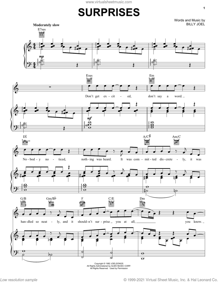 Surprises sheet music for voice, piano or guitar by Billy Joel, intermediate skill level
