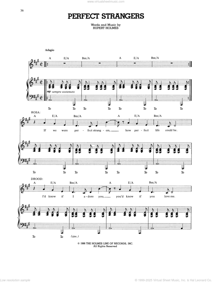 Perfect Strangers (from The Mystery Of Edwin Drood) sheet music for voice, piano or guitar by Rupert Holmes, intermediate skill level