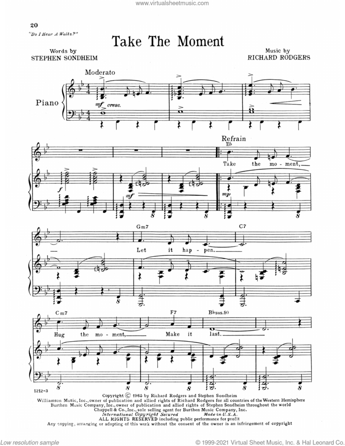 Take The Moment (from Do I Hear A Waltz?) sheet music for voice, piano or guitar by Richard Rodgers, Richard Rodgers & Stephen Sondheim and Stephen Sondheim, intermediate skill level