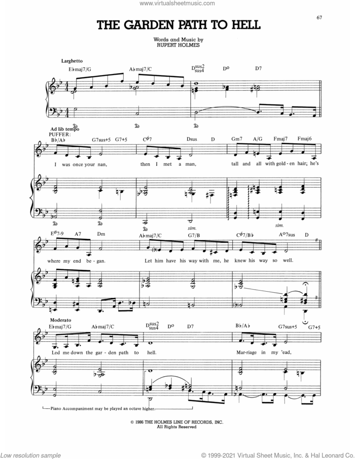 The Garden Path To Hell (from The Mystery Of Edwin Drood) sheet music for voice, piano or guitar by Rupert Holmes, intermediate skill level