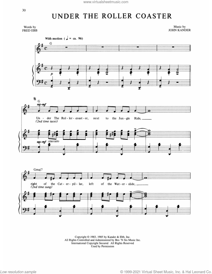 Under The Roller Coaster (from The Rink) sheet music for voice, piano or guitar by Kander & Ebb, Fred Ebb and John Kander, intermediate skill level