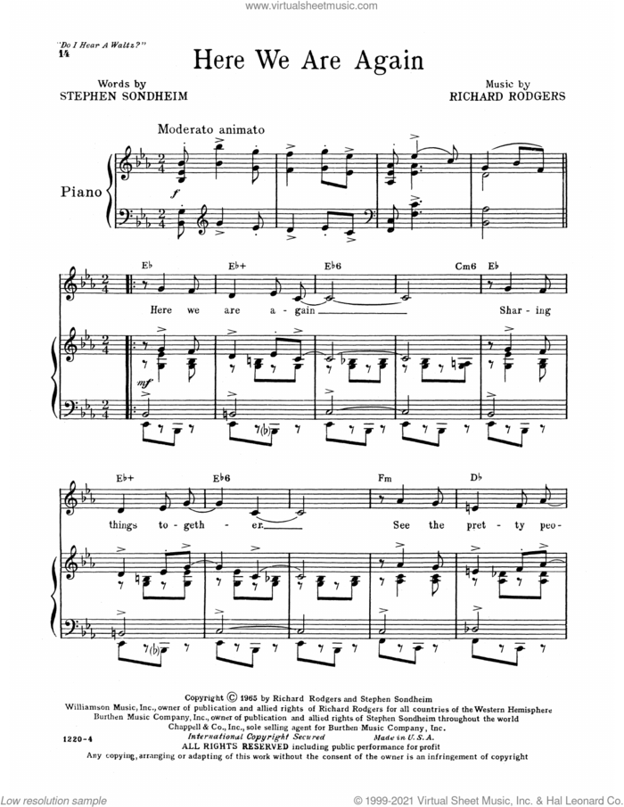 Here We Are Again (from Do I Hear A Waltz?) sheet music for voice, piano or guitar by Richard Rodgers, Richard Rodgers & Stephen Sondheim and Stephen Sondheim, intermediate skill level