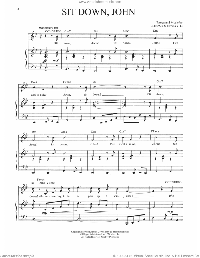 Sit Down, John (from 1776) sheet music for voice, piano or guitar by Sherman Edwards, intermediate skill level