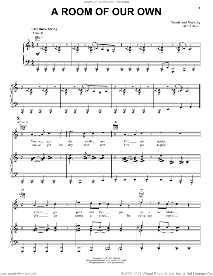 A Room Of Our Own sheet music for voice, piano or guitar by Billy Joel, intermediate skill level