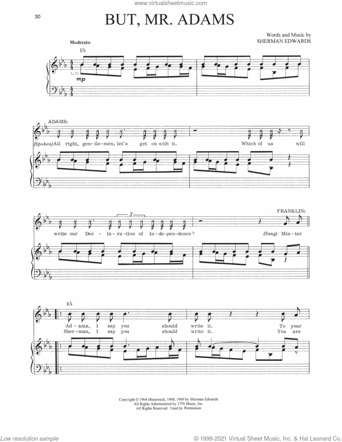 But, Mister Adams (from 1776) sheet music for voice, piano or guitar by Sherman Edwards, intermediate skill level