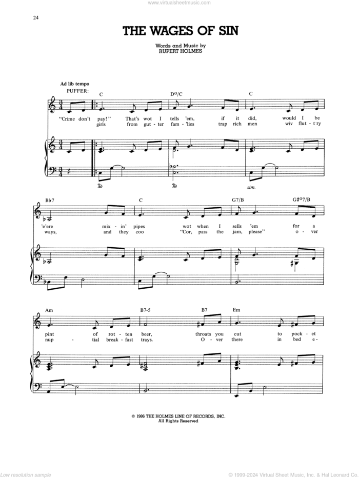The Wages Of Sin (from The Mystery Of Edwin Drood) sheet music for voice, piano or guitar by Rupert Holmes, intermediate skill level