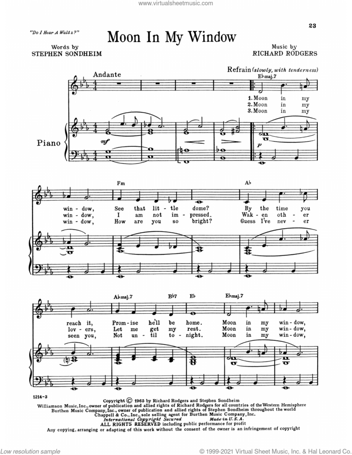 Moon In My Window (from Do I Hear A Waltz?) sheet music for voice, piano or guitar by Richard Rodgers, Richard Rodgers & Stephen Sondheim and Stephen Sondheim, intermediate skill level