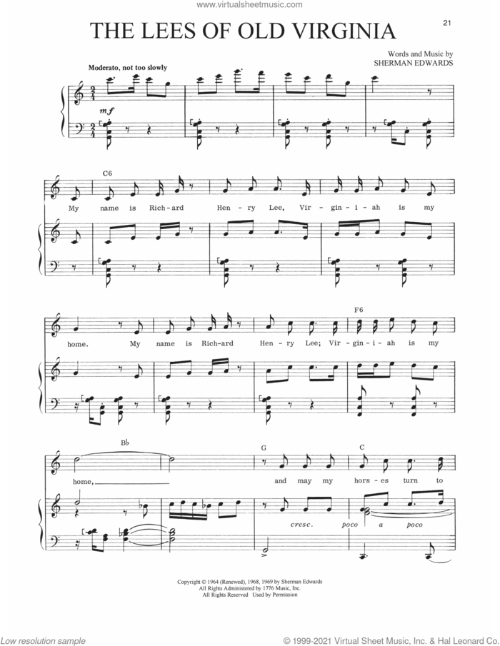 The Lees Of Old Virginia (from 1776) sheet music for voice, piano or guitar by Sherman Edwards, intermediate skill level