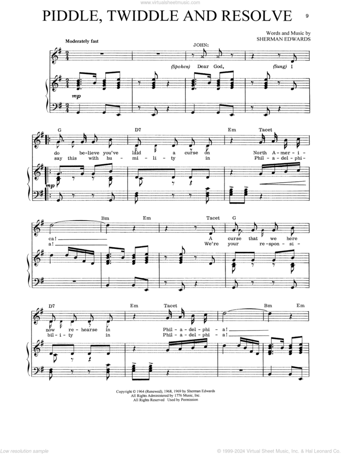 Piddle, Twiddle And Resolve (from 1776) sheet music for voice, piano or guitar by Sherman Edwards, intermediate skill level