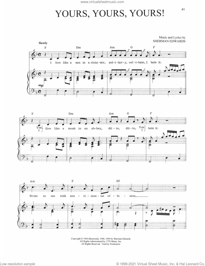 Yours, Yours, Yours! (from 1776) sheet music for voice, piano or guitar by Sherman Edwards, intermediate skill level