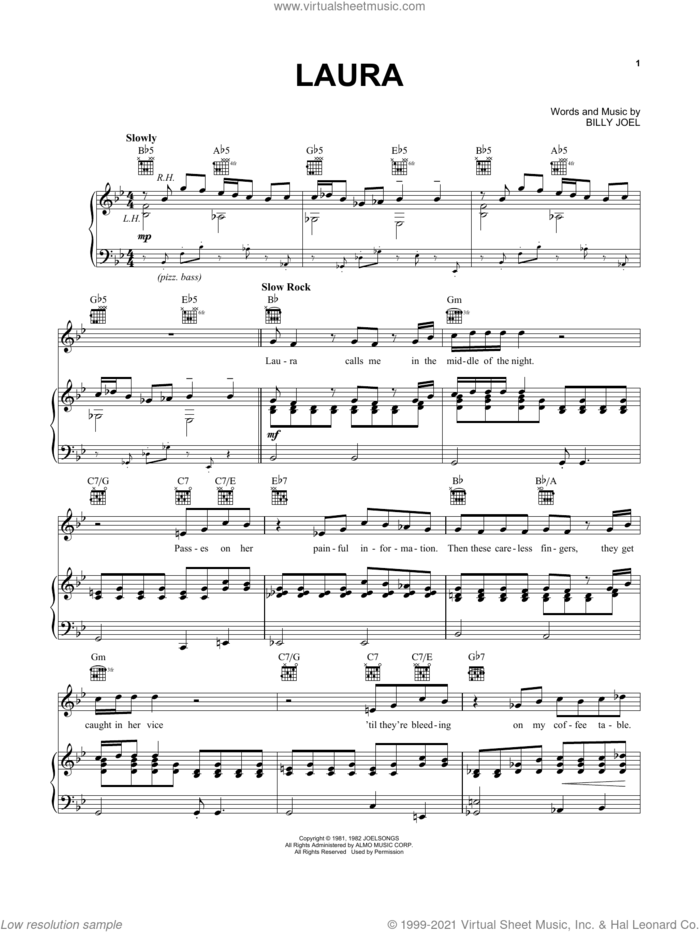 Laura sheet music for voice, piano or guitar by Billy Joel, intermediate skill level