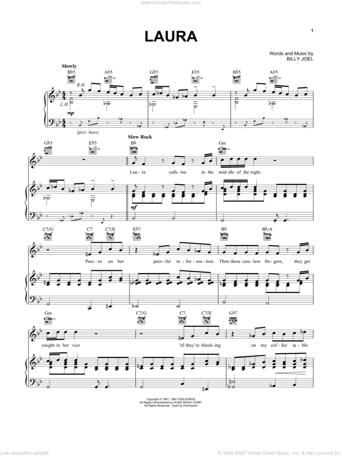 Laura sheet music for voice, piano or guitar by Billy Joel, intermediate skill level