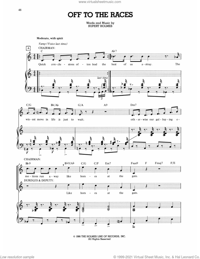 Off To The Races (from The Mystery Of Edwin Drood) sheet music for voice, piano or guitar by Rupert Holmes, intermediate skill level