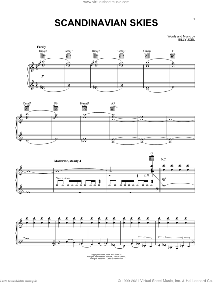 Scandinavian Skies sheet music for voice, piano or guitar by Billy Joel, intermediate skill level