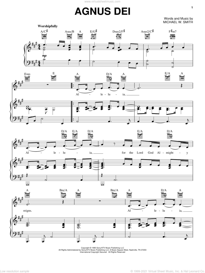 Agnus Dei sheet music for voice, piano or guitar by Michael W. Smith, intermediate skill level