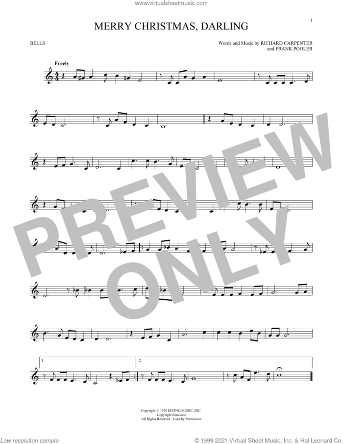 Merry Christmas, Darling sheet music for Hand Bells Solo (bell solo) by Richard Carpenter, Carpenters and Frank Pooler, intermediate Hand Bells Solo (bell)