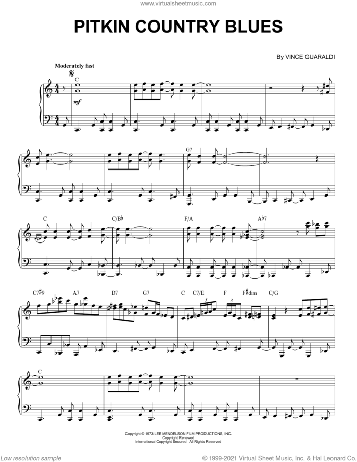 Pitkin County Blues sheet music for piano solo by Vince Guaraldi, intermediate skill level