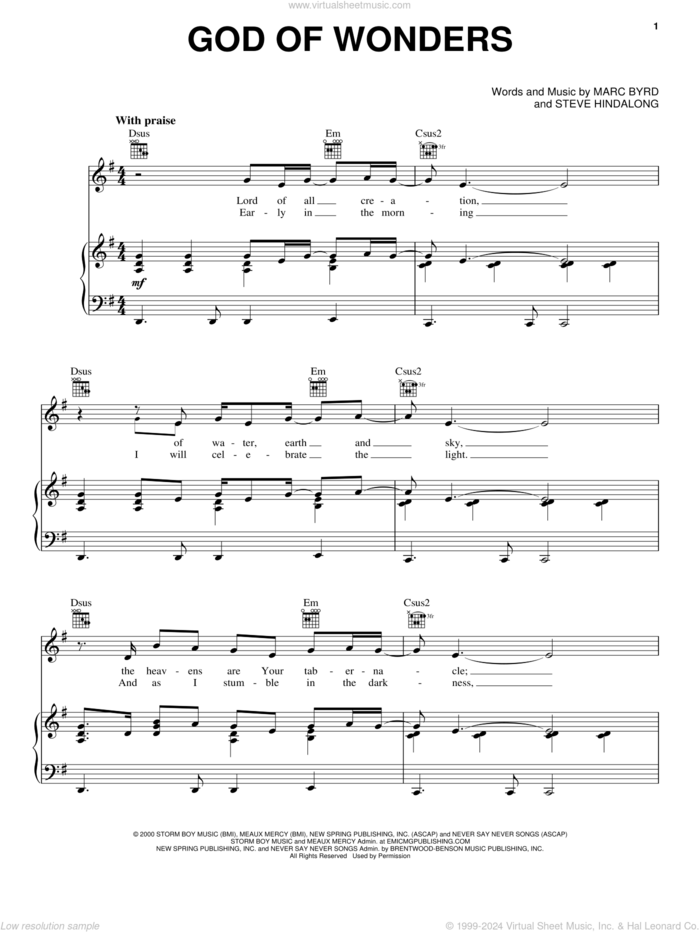 God Of Wonders sheet music for voice, piano or guitar by Marc Byrd and Steve Hindalong, intermediate skill level