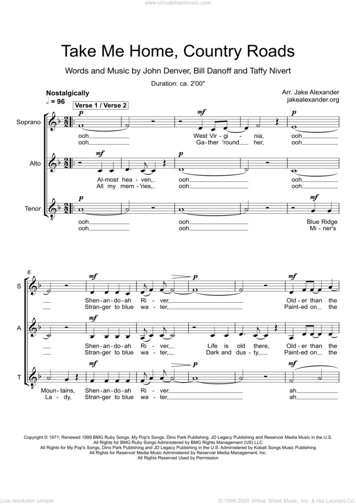 Take Me Home, Country Roads (arr. Jake Alexander) sheet music for choir (SAT: soprano, alto, tenor) by John Denver, Jake Alexander, Bill Danoff and Taffy Nivert, intermediate skill level