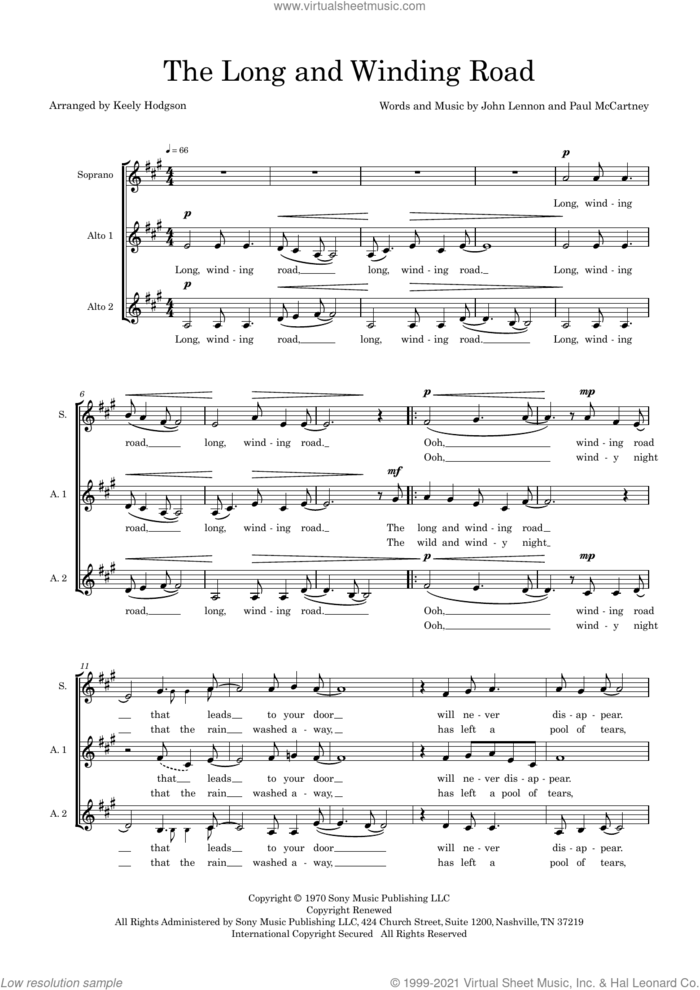 The Long and Winding Road (arr. Keely Hodgson) sheet music for choir (SAA) by The Beatles, Keely Hodgson, John Lennon and Paul McCartney, intermediate skill level