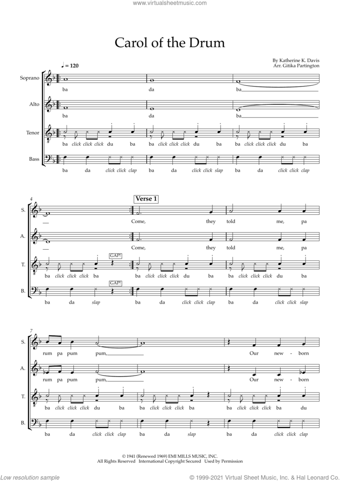 Carol Of The Drum (arr. Gitika Partington) sheet music for choir (SATB: soprano, alto, tenor, bass) by Katherine Davis and Gitika Partington, intermediate skill level
