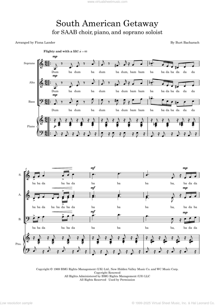 South American Getaway (arr. Fiona Lander) sheet music for choir (SAAB: soprano, alto, bass) by Burt Bacharach and Fiona Lander, intermediate skill level