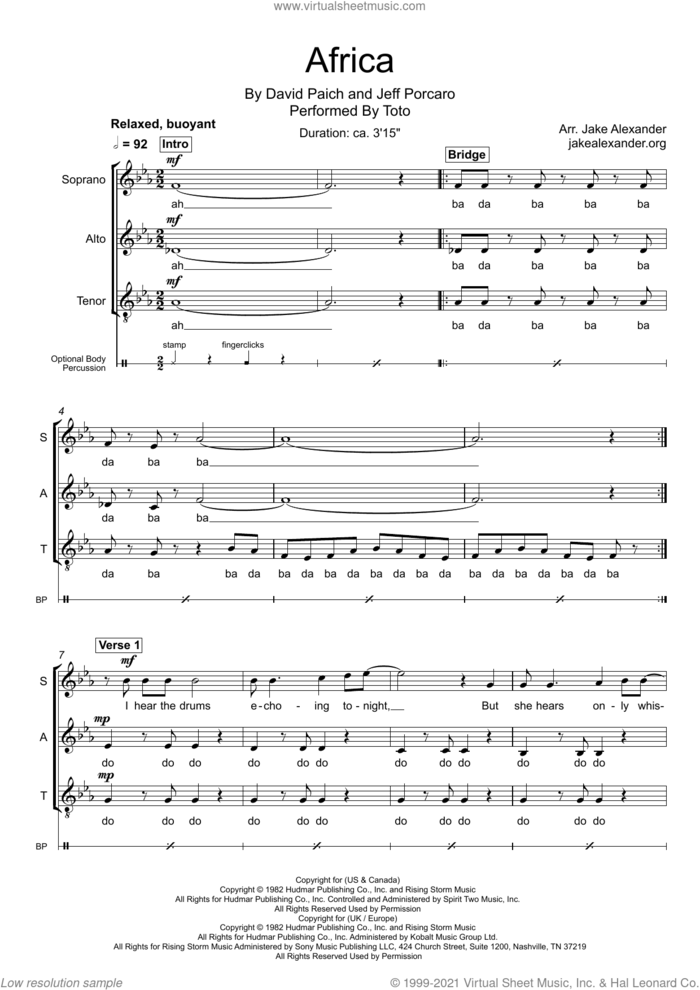 Africa (arr. Jake Alexander) sheet music for choir (SAT: soprano, alto, tenor) by Toto, Jake Alexander, David Paich and Jeff Porcaro, intermediate skill level
