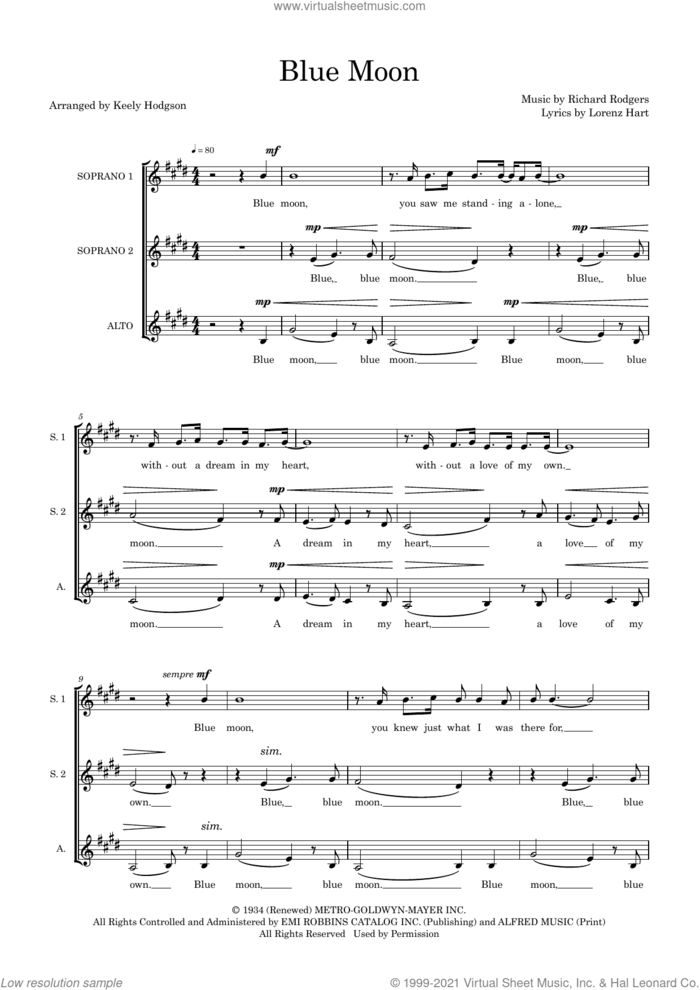 Blue Moon (arr. Keely Hodgson) sheet music for choir (SSA: soprano, alto) by Rodgers & Hart, Keely Hodgson, Lorenz Hart and Richard Rodgers, intermediate skill level
