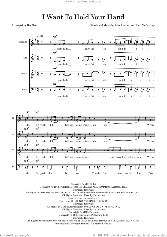 I Want To Hold Your Hand (arr. Ben See) sheet music for choir (SATB: soprano, alto, tenor, bass) by The Beatles, Ben See, John Lennon and Paul McCartney, intermediate skill level