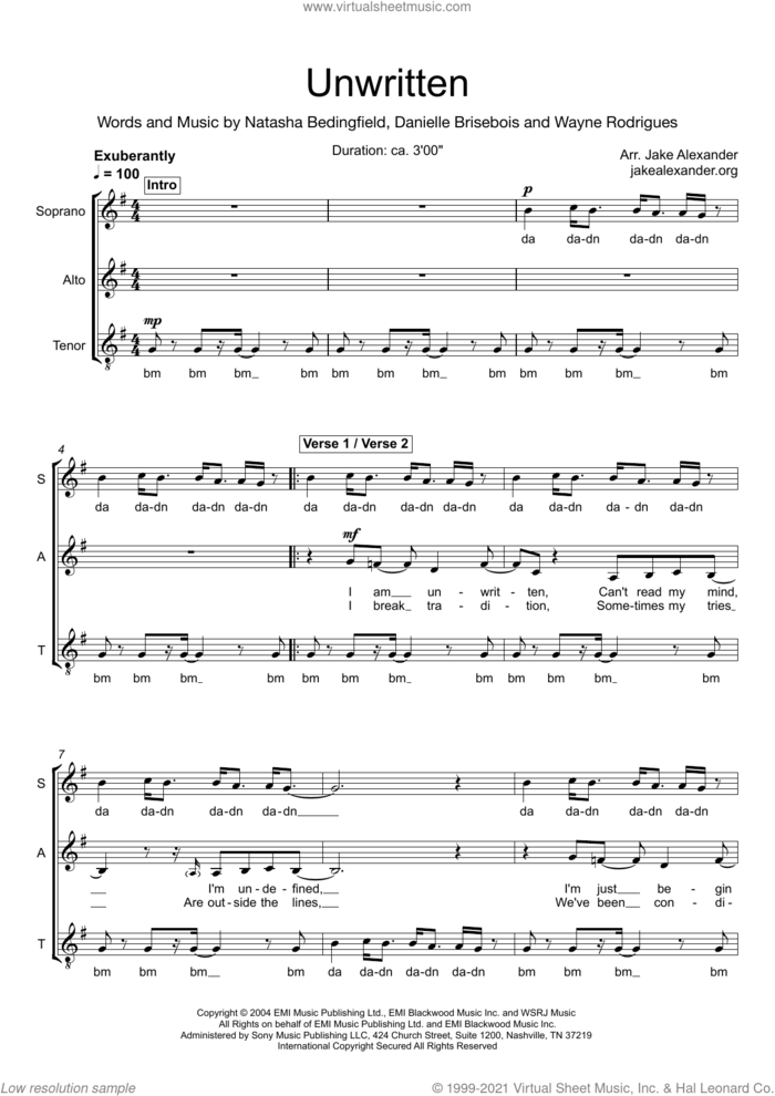 Unwritten (arr. Jake Alexander) sheet music for choir (SAT: soprano, alto, tenor) by Natasha Bedingfield, Jake Alexander, Danielle Brisebois and Wayne Rodrigues, intermediate skill level