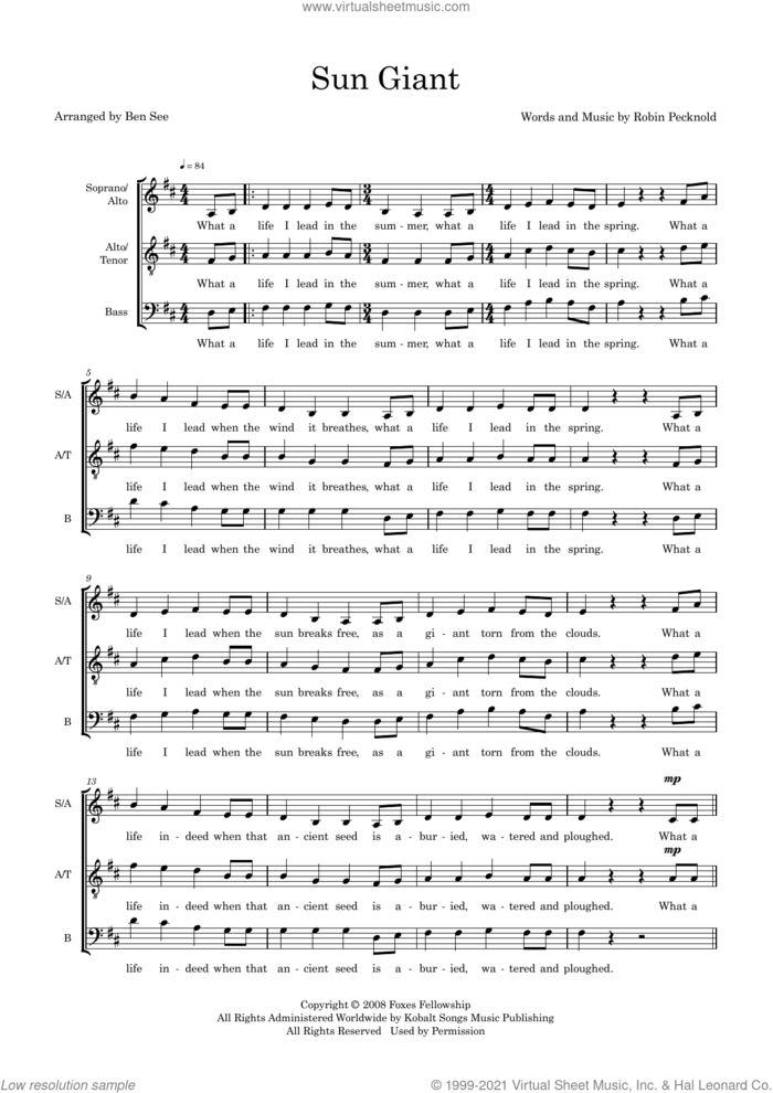 Sun Giant (arr. Ben See) sheet music for choir (SAB: soprano, alto, bass) by Fleet Foxes, Ben See and Robin Pecknold, intermediate skill level