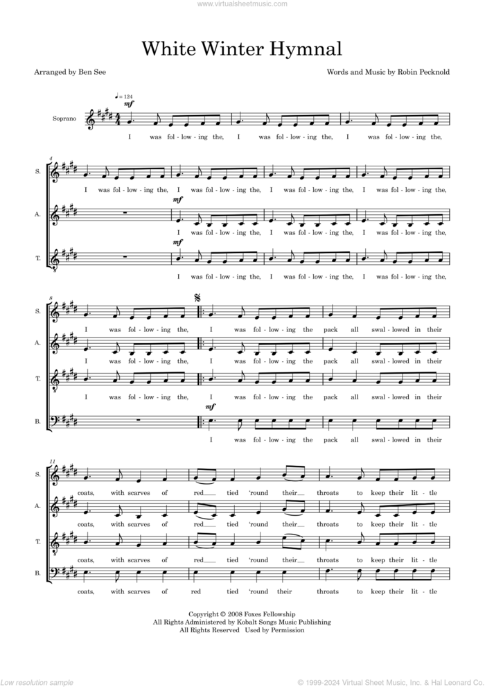 White Winter Hymnal (arr. Ben See) sheet music for choir (SATB: soprano, alto, tenor, bass) by Fleet Foxes, Ben See and Robin Pecknold, intermediate skill level