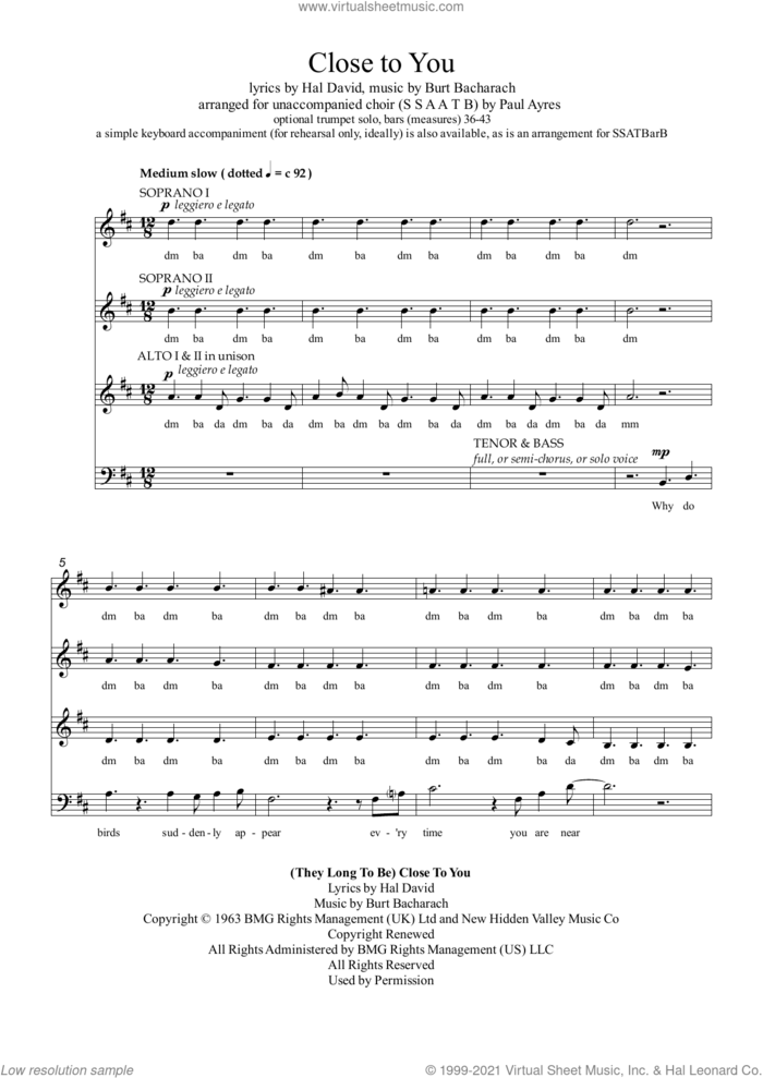 Close To You (arr. Paul Ayres) sheet music for choir (SSAATB) by Bacharach & David, Paul Ayres, Burt Bacharach and Hal David, intermediate skill level