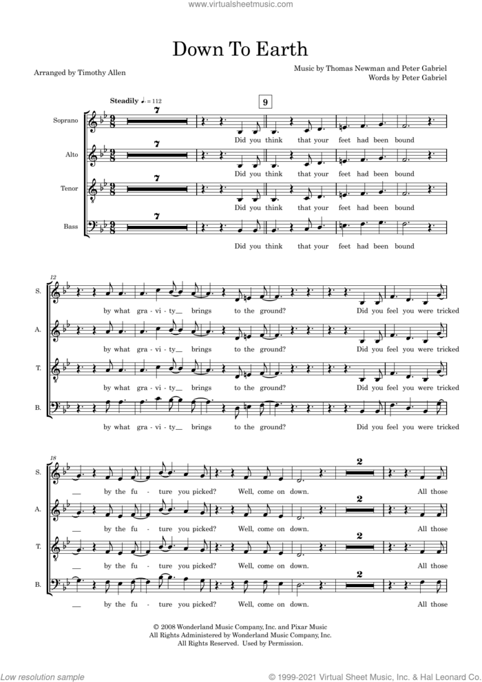 Down To Earth (arr. Tim Allen) (COMPLETE) sheet music for orchestra/band by Thomas Newman, Peter Gabriel and Tim Allen, intermediate skill level
