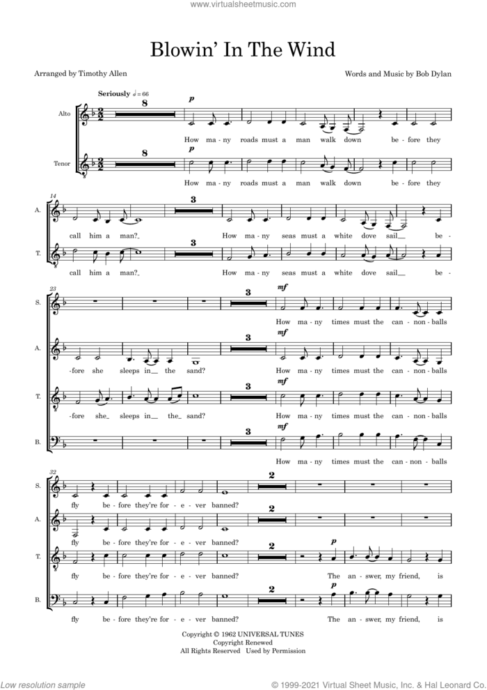 Blowin' In The Wind (arr. Tim Allen) (COMPLETE) sheet music for orchestra/band by Bob Dylan and Tim Allen, intermediate skill level