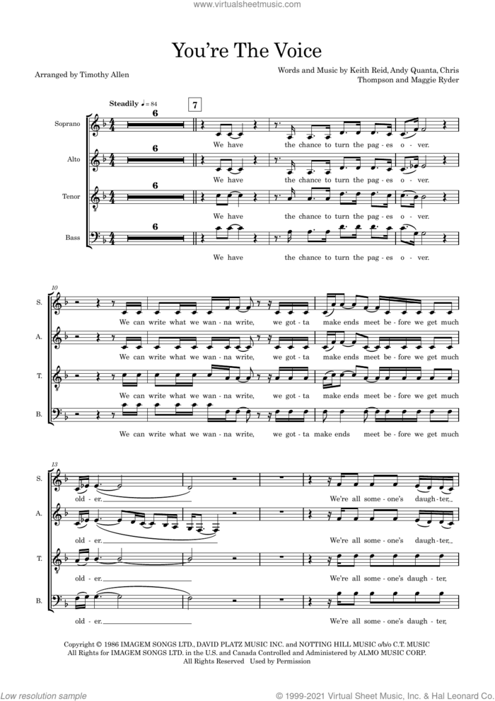 You're The Voice (arr. Tim Allen) (COMPLETE) sheet music for orchestra/band by John Farnham, Andy Quanta, Chris Thompson, Keith Reid, Maggie Ryder and Tim Allen, intermediate skill level