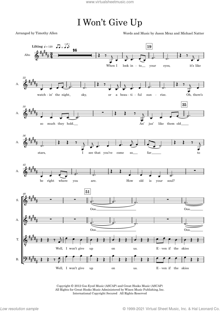 I Won't Give Up (arr. Tim Allen) (COMPLETE) sheet music for orchestra/band by Jason Mraz, Michael Natter and Tim Allen, intermediate skill level