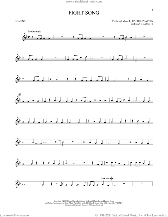 Fight Song sheet music for ocarina solo by Rachel Platten and Dave Bassett, intermediate skill level