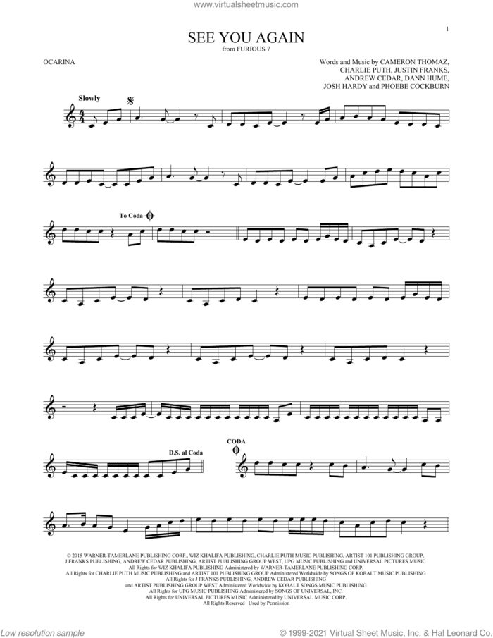 See You Again (feat. Charlie Puth) sheet music for ocarina solo by Wiz Khalifa, Andrew Cedar, Cameron Thomaz, Charlie Puth and Justin Franks, intermediate skill level